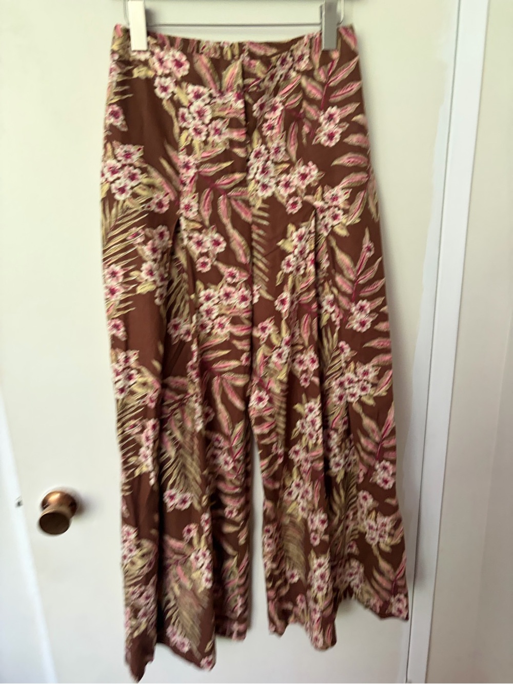 RW&CO. Brown flowing wide leg linen pants with Pink Floral Print